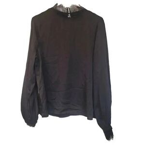 Missguided Women's Black High Neck Lace & Satin Long Sleeve Blouse NEW